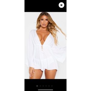 White Tie Waist Plunge Beach Playsuit